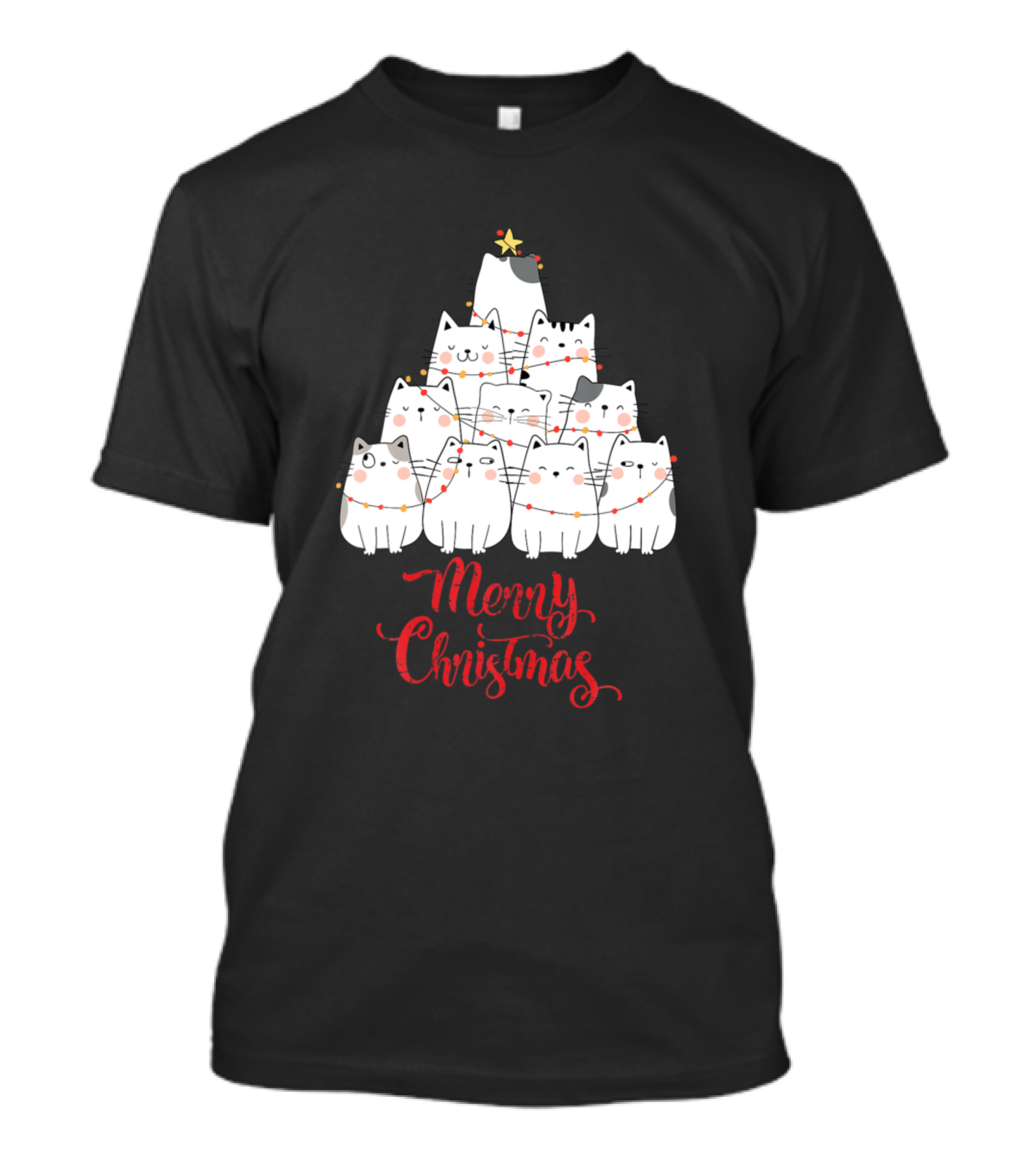 Funny Cats Merry Christmas Tree Lights Holiday T-Shirt