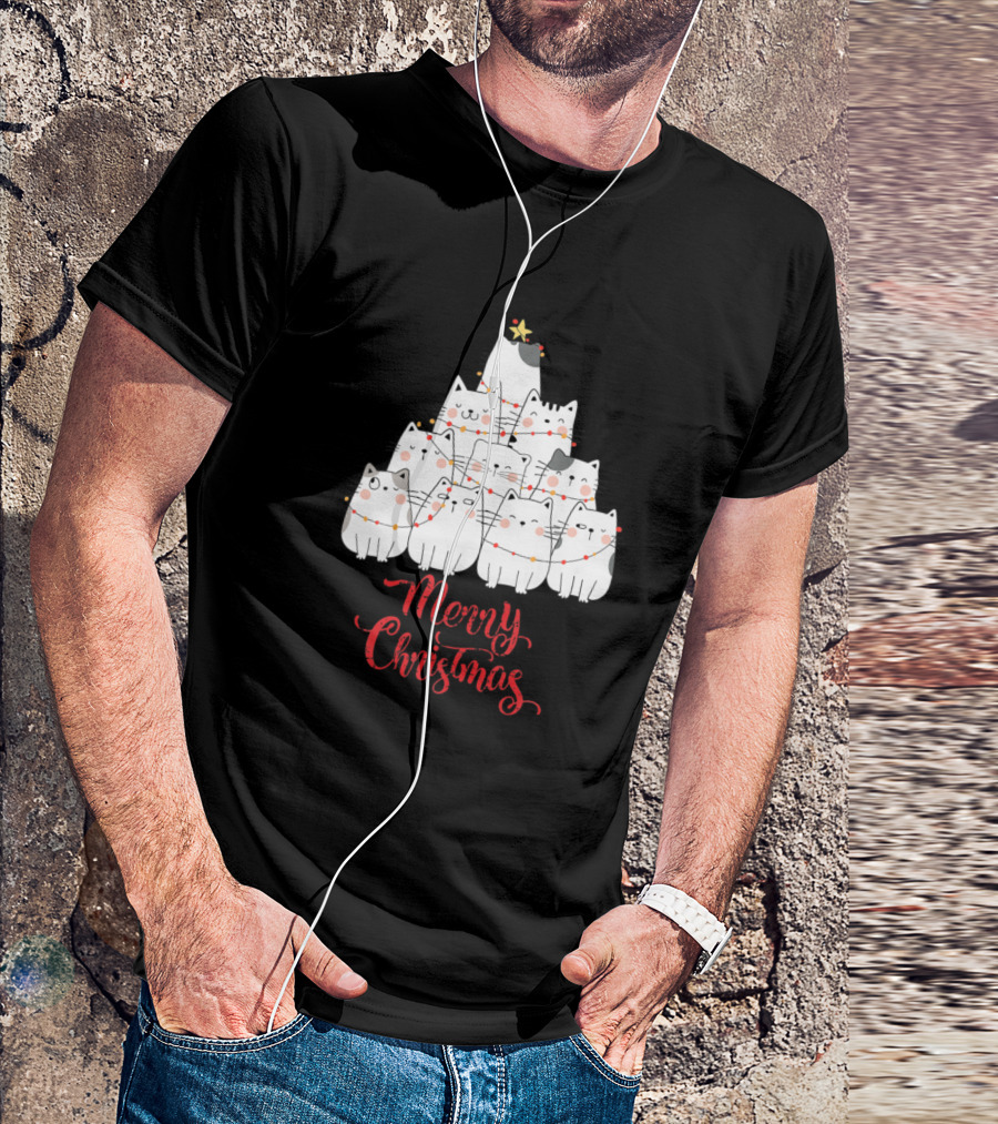 Funny Cats Merry Christmas Tree Lights Holiday T-Shirt