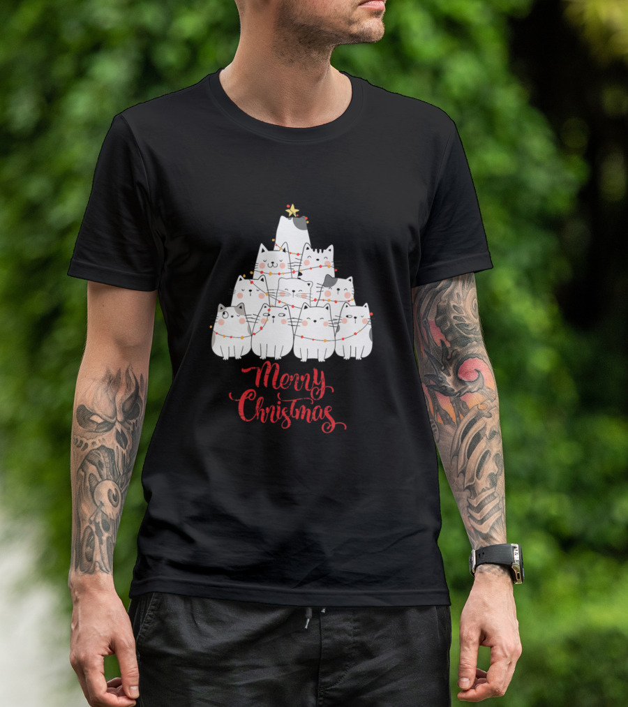 Funny Cats Merry Christmas Tree Lights Holiday T-Shirt