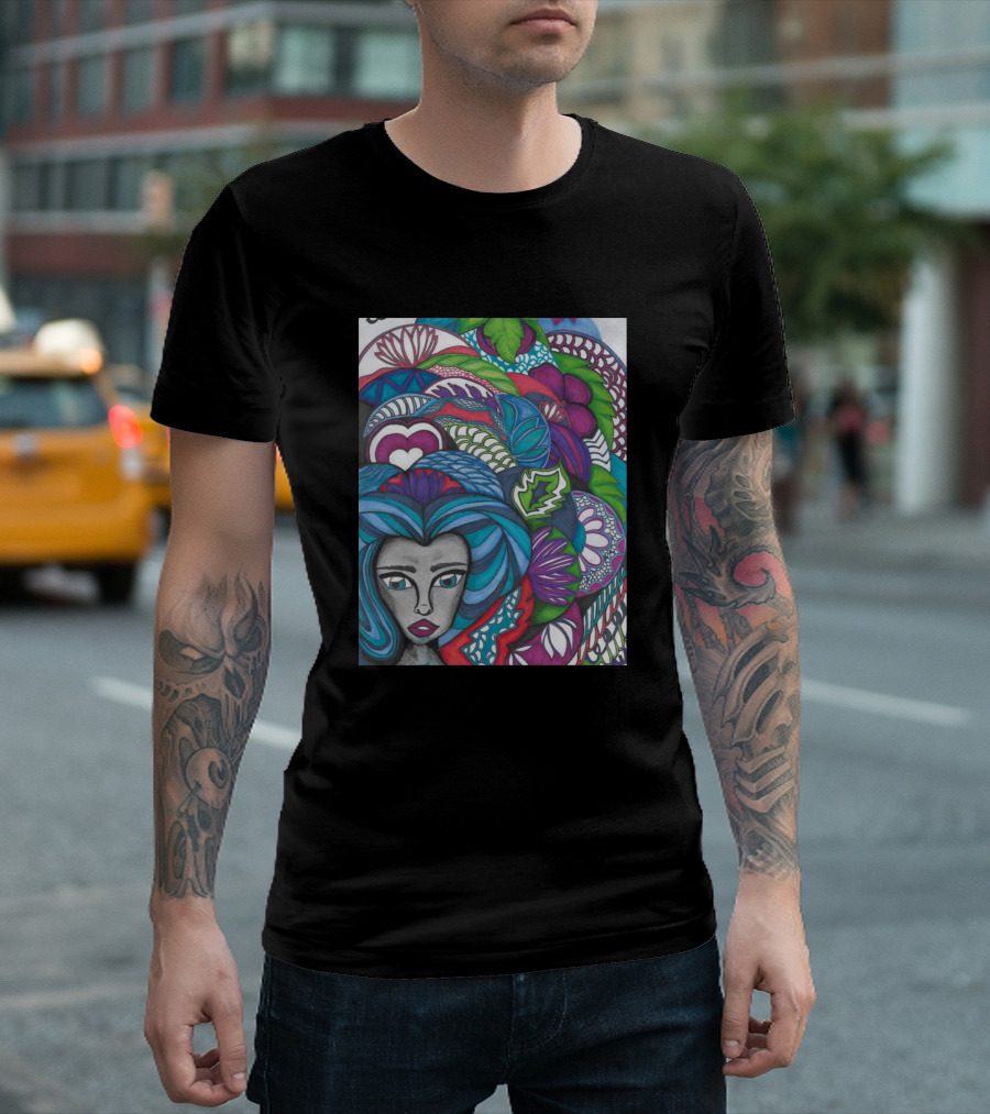 Colorful Abstract Portrait with Vibrant Patterned Hair Featuring G Blue Emis T-Shirt