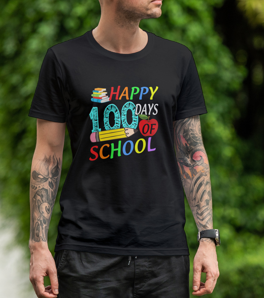 Happy 100 Days Of School Teacher Student Fun With Books Pencil Apple T-Shirt