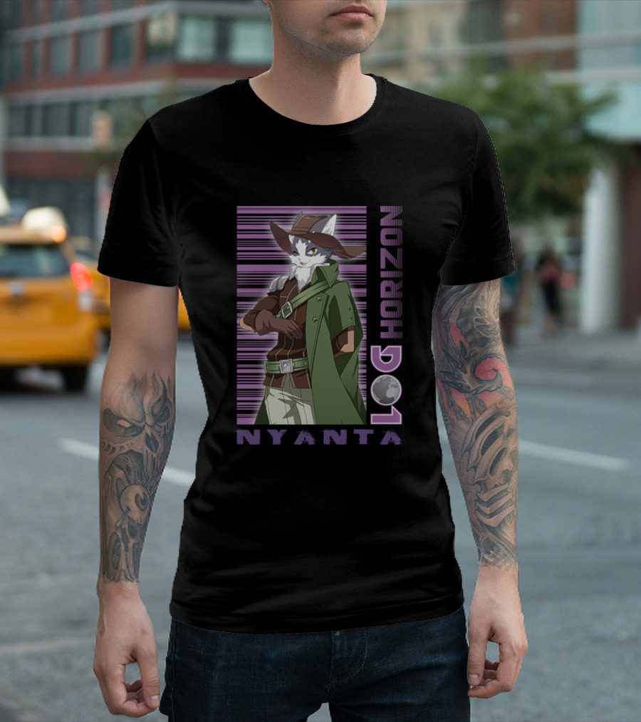 Log Horizon Nyanta Character Vertical Stripe Background T-Shirt