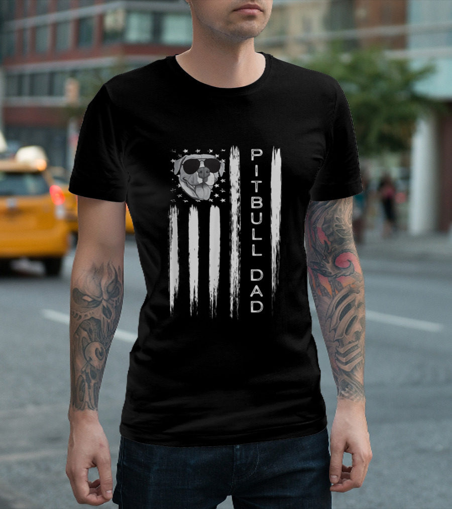 American Pitbull Terrier Sunglasses Flag Pitbull Dad T-Shirt