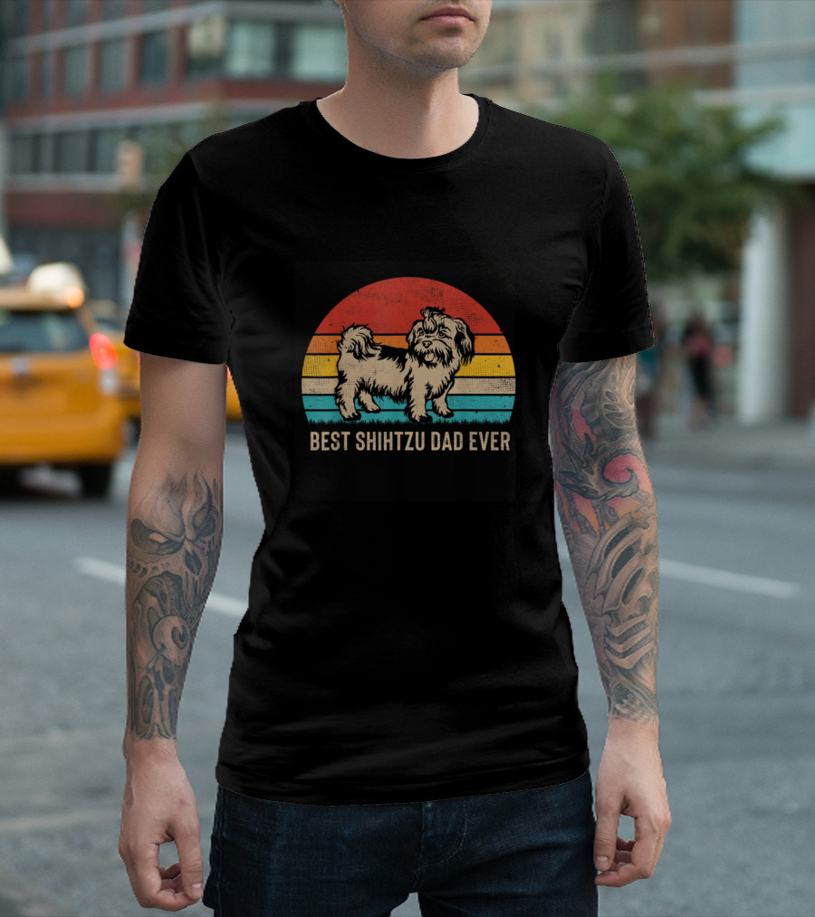 Mens Vintage Best Shihtzu Dad Ever Retro Sunset Stripes T-Shirt