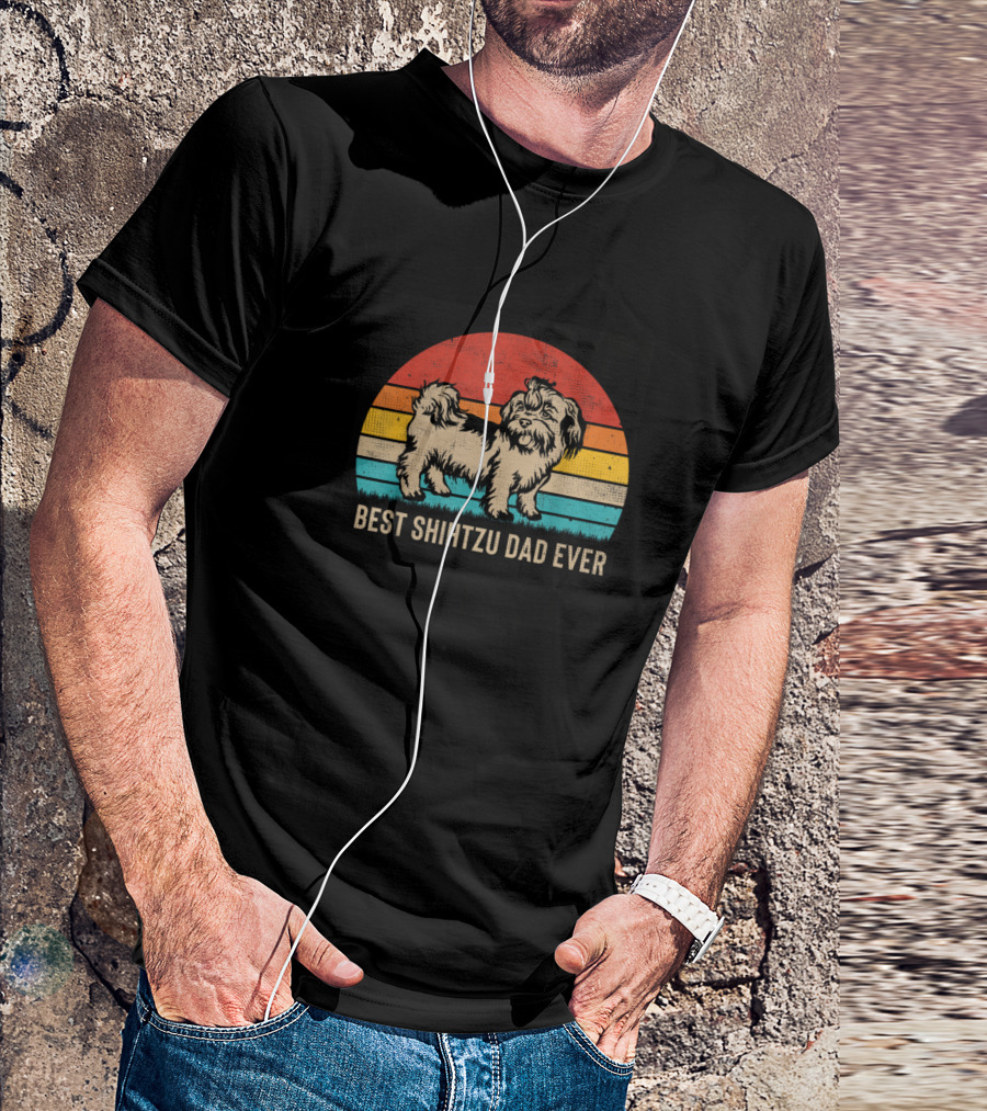 Mens Vintage Best Shihtzu Dad Ever Retro Sunset Stripes T-Shirt