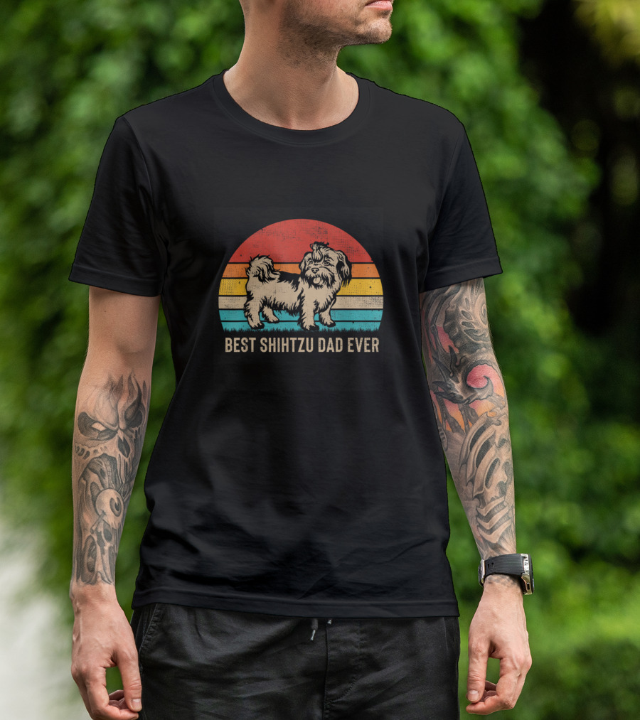 Mens Vintage Best Shihtzu Dad Ever Retro Sunset Stripes T-Shirt