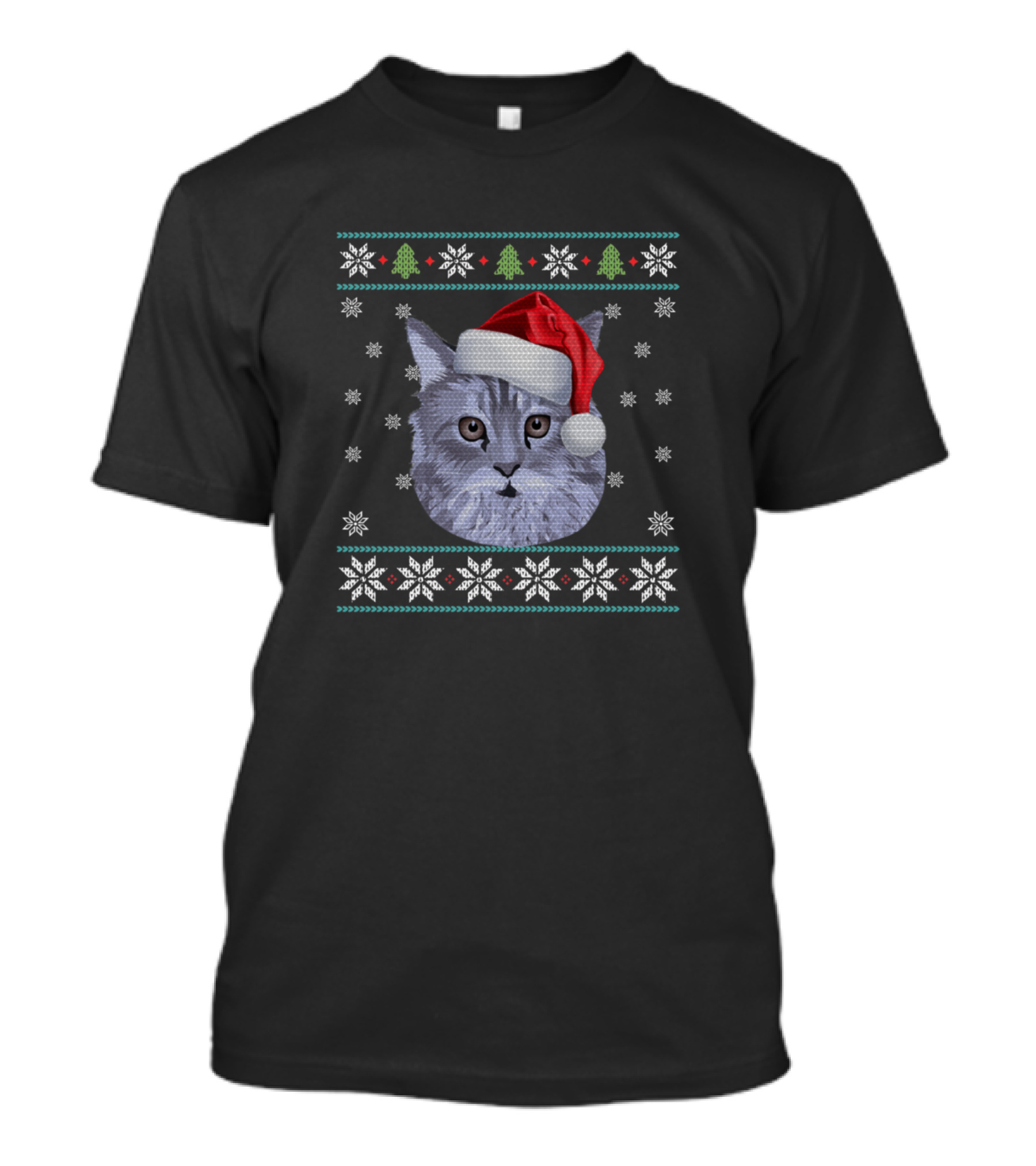 Merry Christmas Domestic Medium Hair Cat Ugly Sweater Snowflakes Santa Hat Holiday Trees T-Shirt