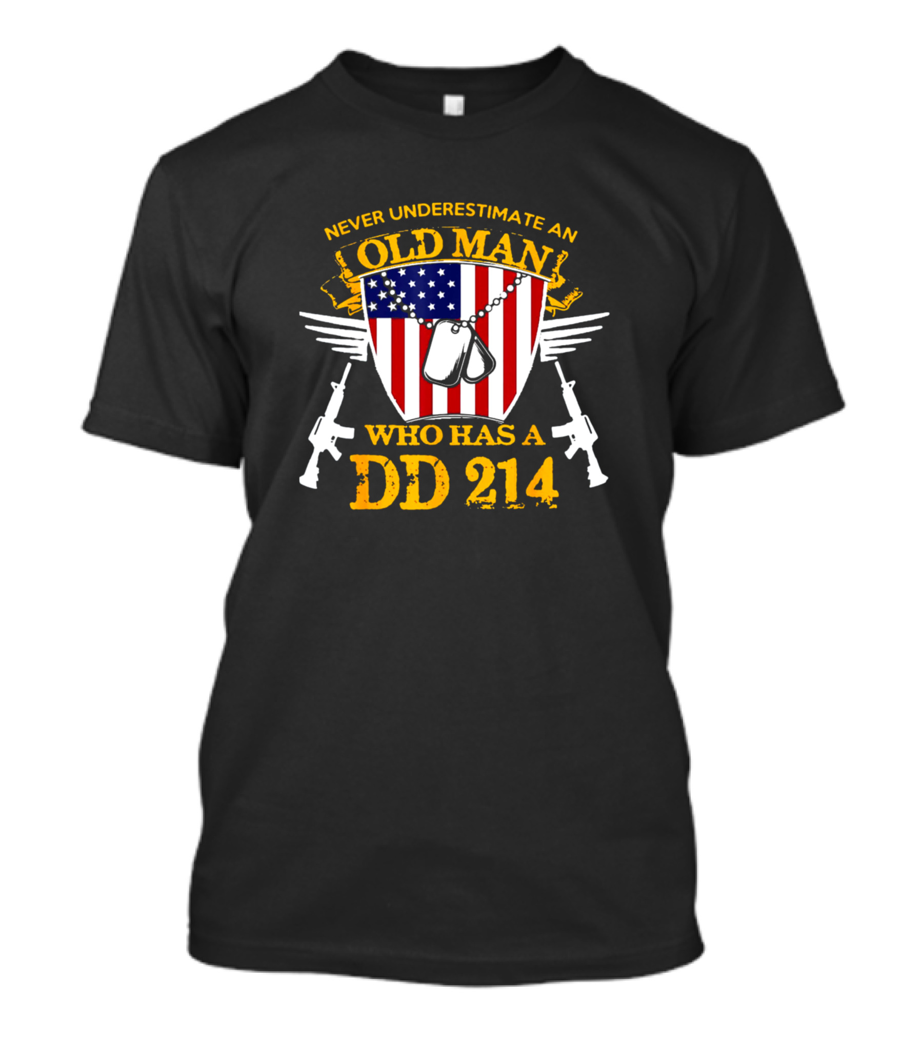 Never Underestimate An Old Man Who Has A DD 214 American Flag Dog Tags Military Pride T-Shirt