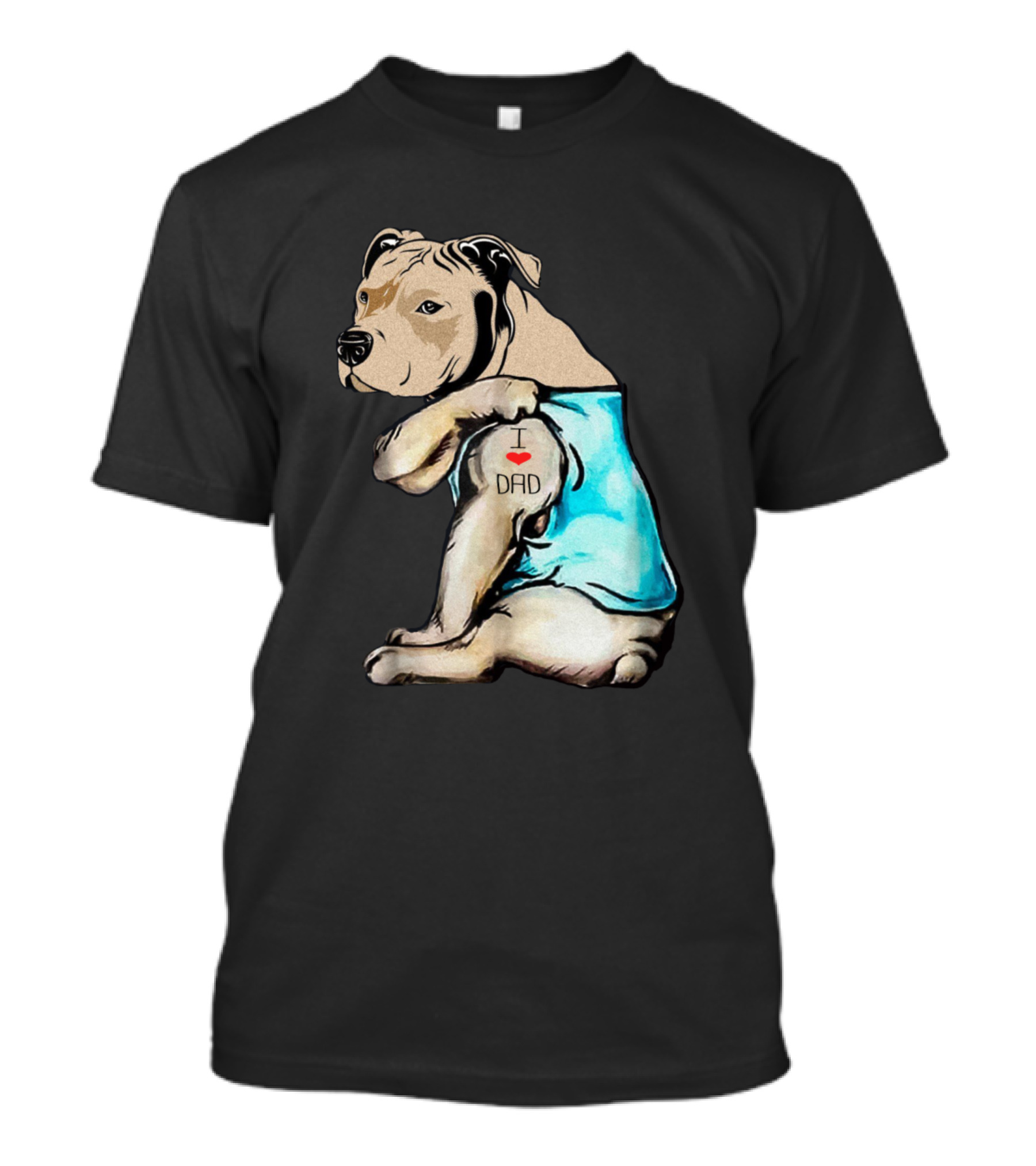 Pitbull I Love Dad Tattoo Blue Shirt Drawing T-Shirt