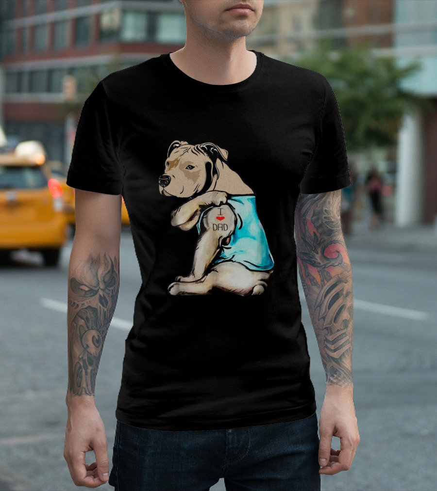 Pitbull I Love Dad Tattoo Blue Shirt Drawing T-Shirt