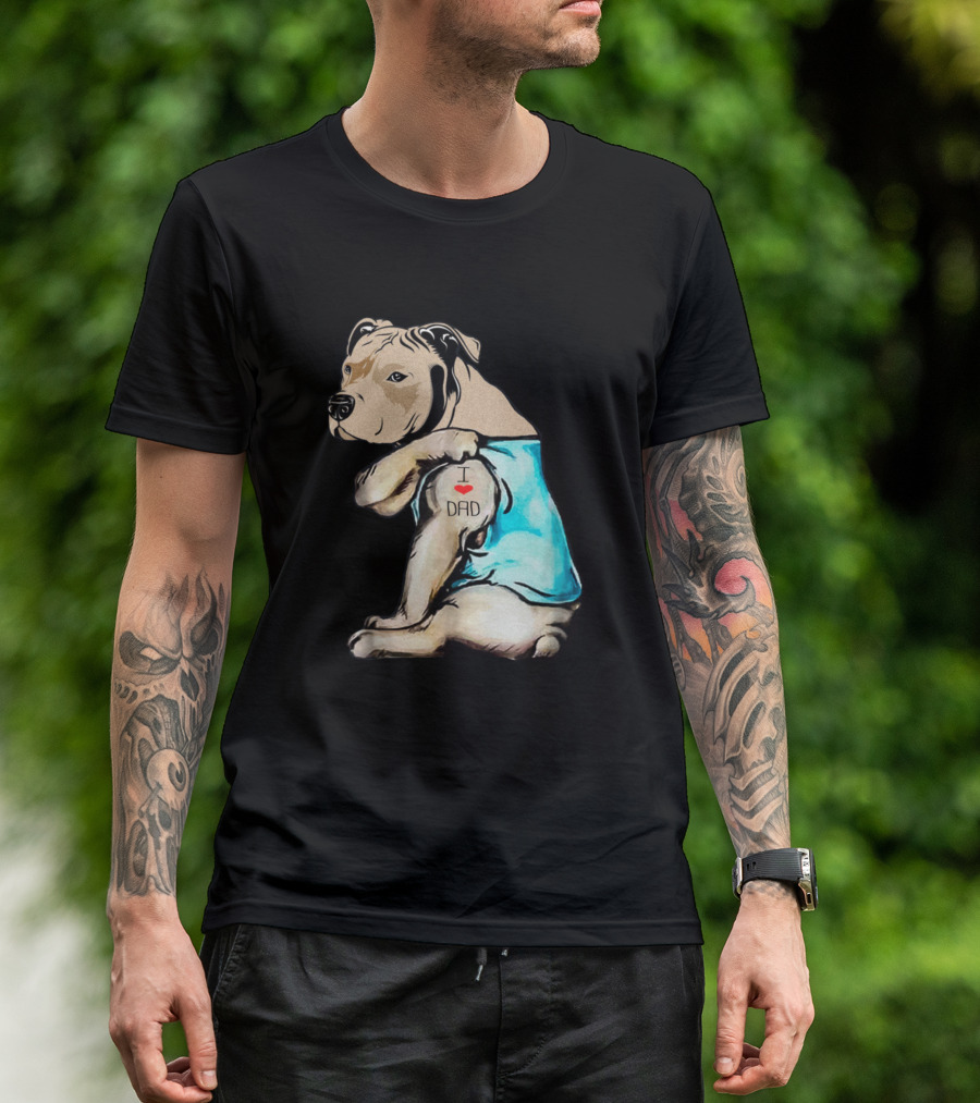 Pitbull I Love Dad Tattoo Blue Shirt Drawing T-Shirt