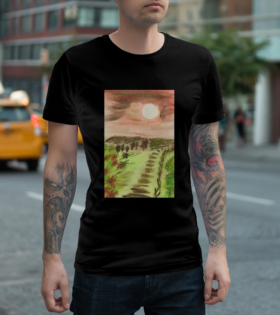 Red Sky Over the Fields Pathway Under a Fiery Sunset T-Shirt
