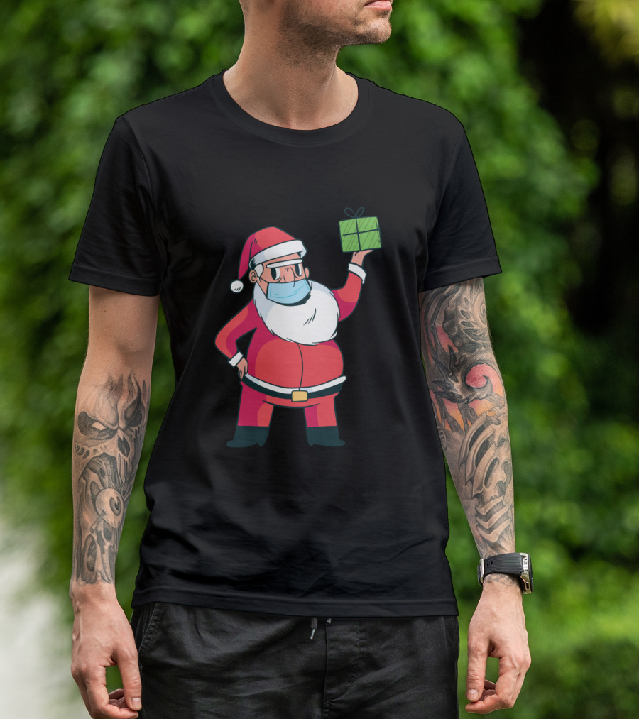Santa Wearing A Mask Holding A Gift T-Shirt