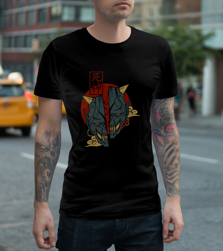 Shinigami Death God Oni Mask Kanji Symbol Red Circle T-Shirt
