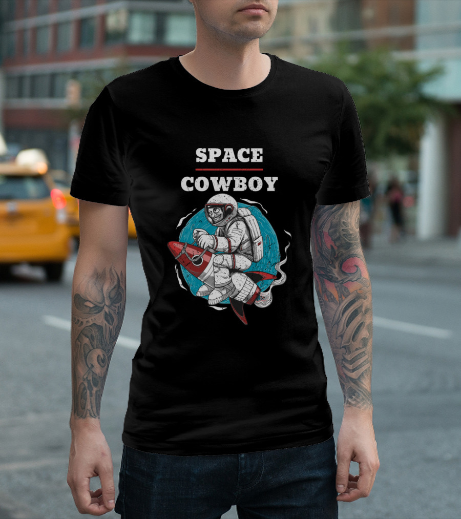 SPACE COWBOY Astronaut Riding Rocket Cartoon T-Shirt