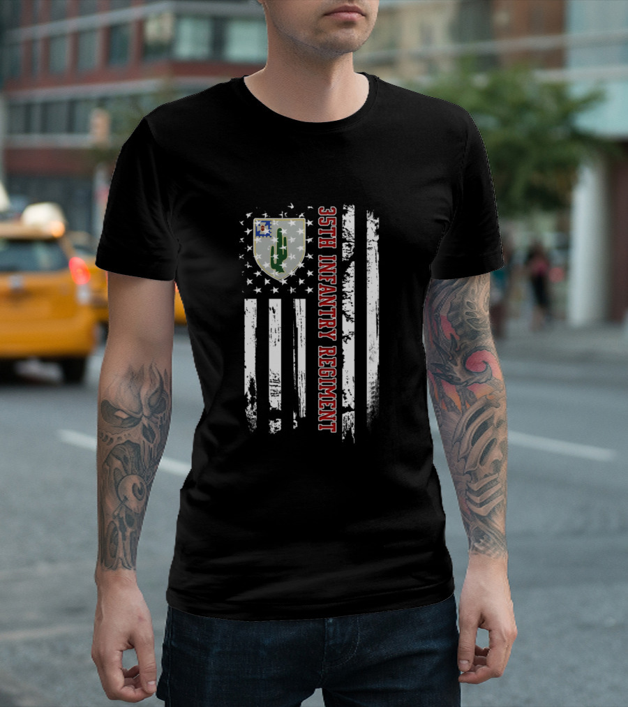 35Th Infantry Regiment Distressed American Flag with Shield T-Shirt