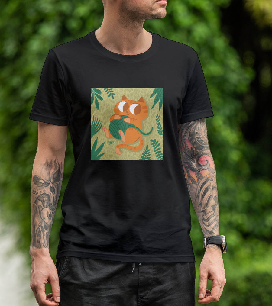 Orange Cat Playing With Green Yarn In Leafy Surroundings T-Shirt