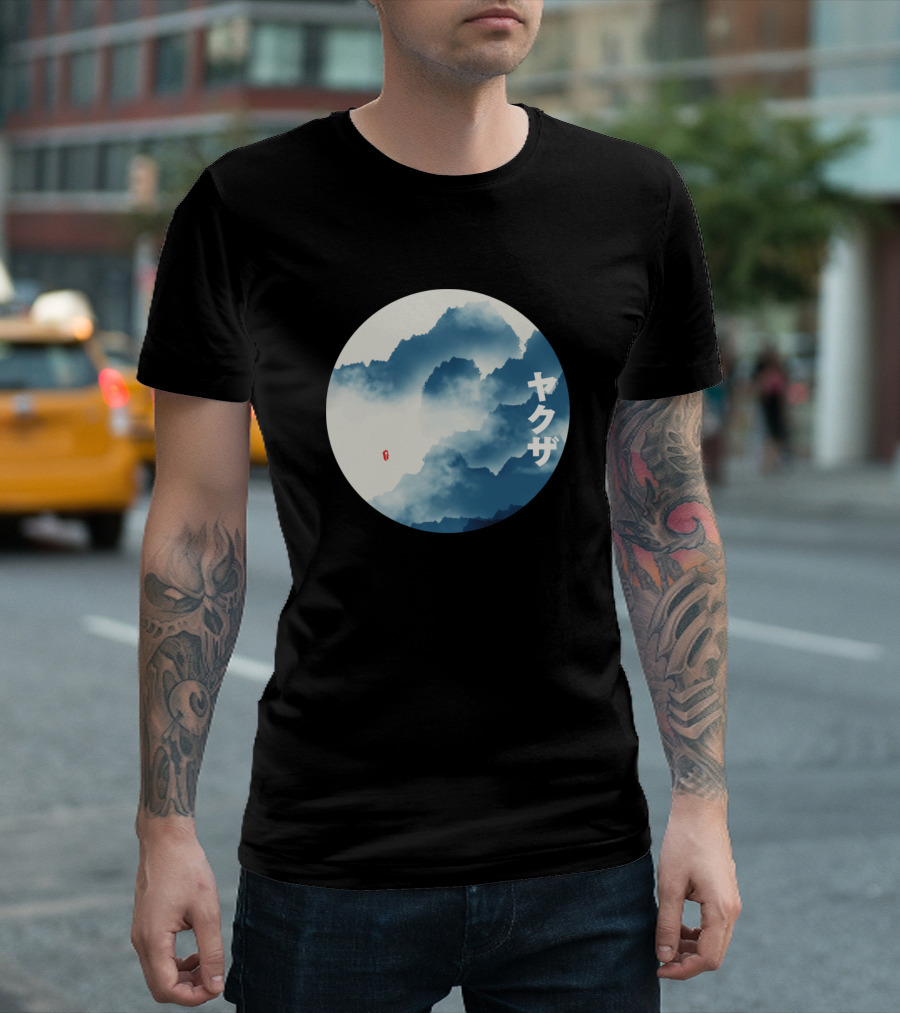 Blue Retro Japanese Landscape Japan Circle ヤクザ T-Shirt