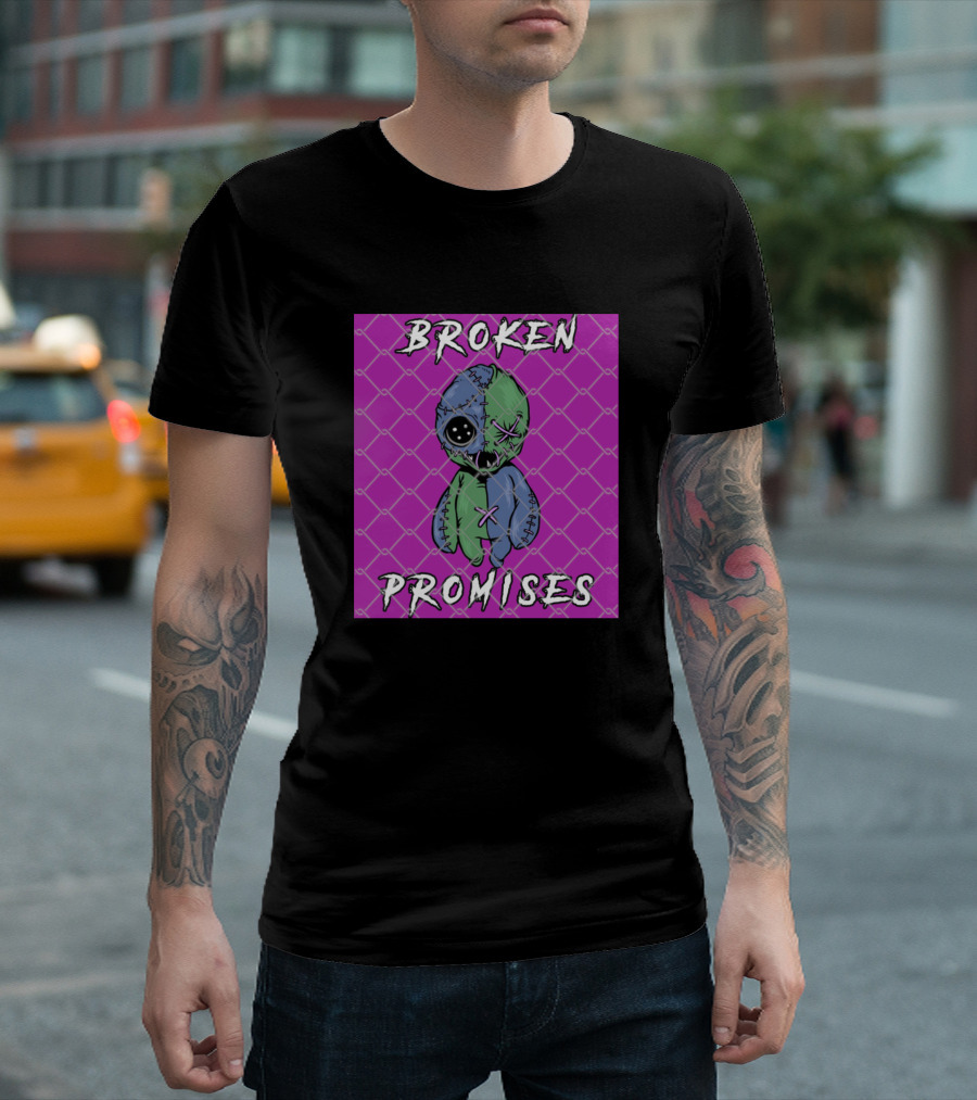 Broken Promises Patchwork Doll on Purple Chain Background T-Shirt