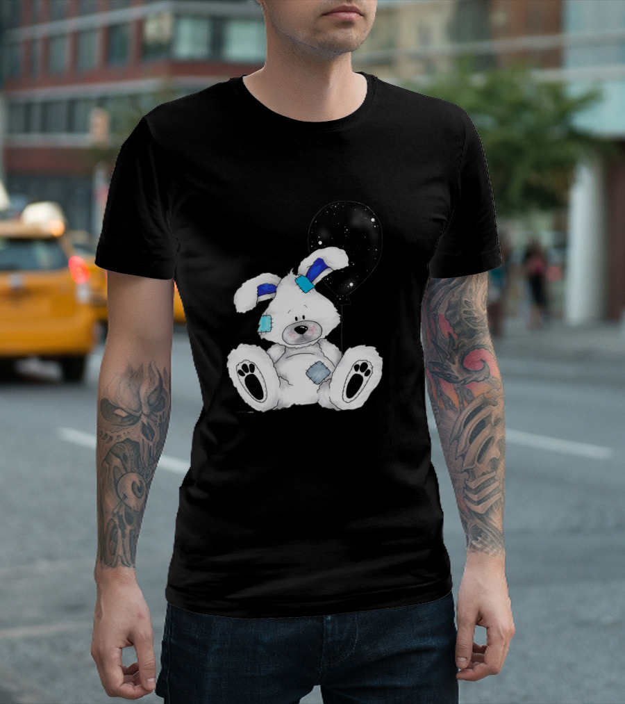 Bunny with Black Balloon and Blue Patches T-Shirt