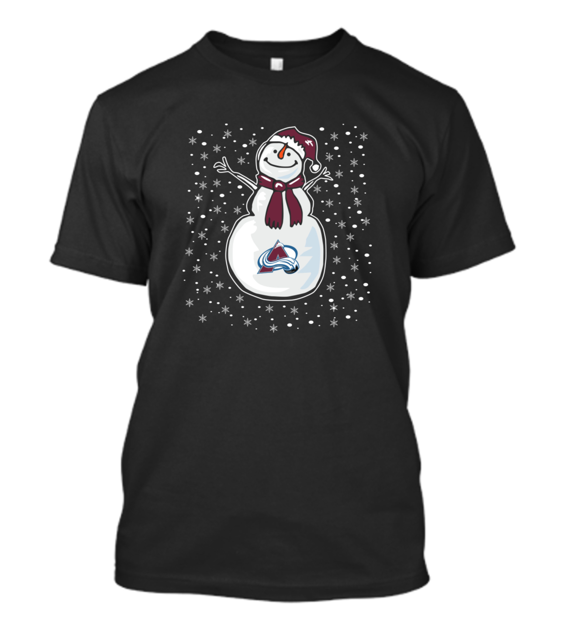 Colorado Avalanche Christmas Snowman With Logo And Snowflakes T-Shirt