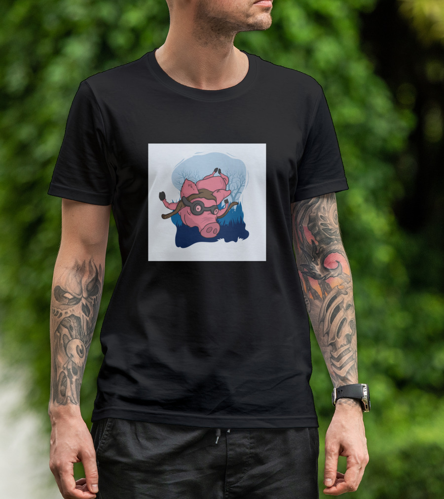 Cute Flying Piggy With Aviator Goggles In Dreamy Sky Scene T-Shirt