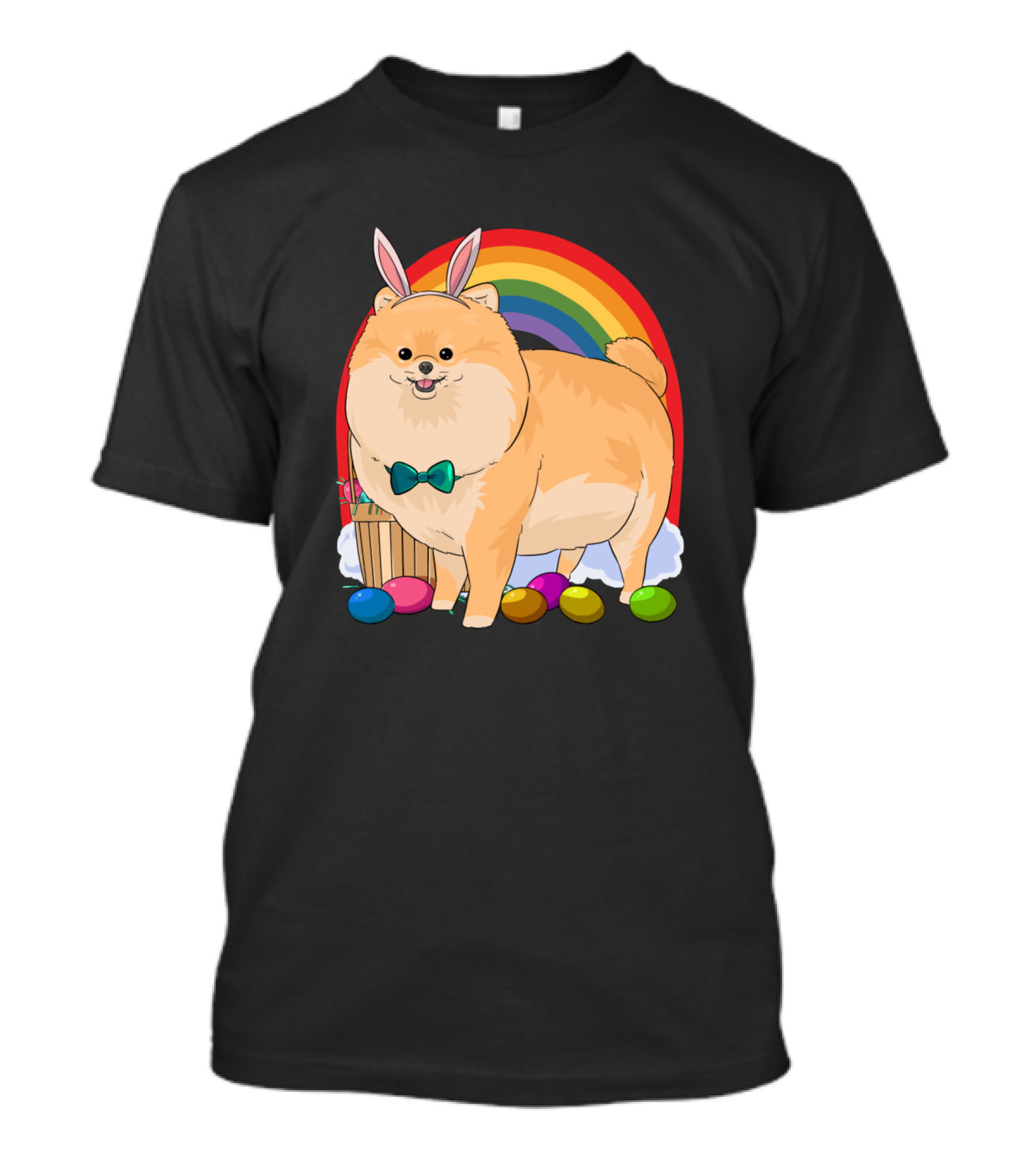 Pomeranian Bunny Ears Happy Easter Day With Rainbow And Eggs T-Shirt