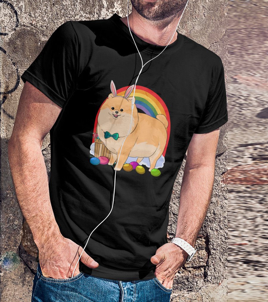 Pomeranian Bunny Ears Happy Easter Day With Rainbow And Eggs T-Shirt