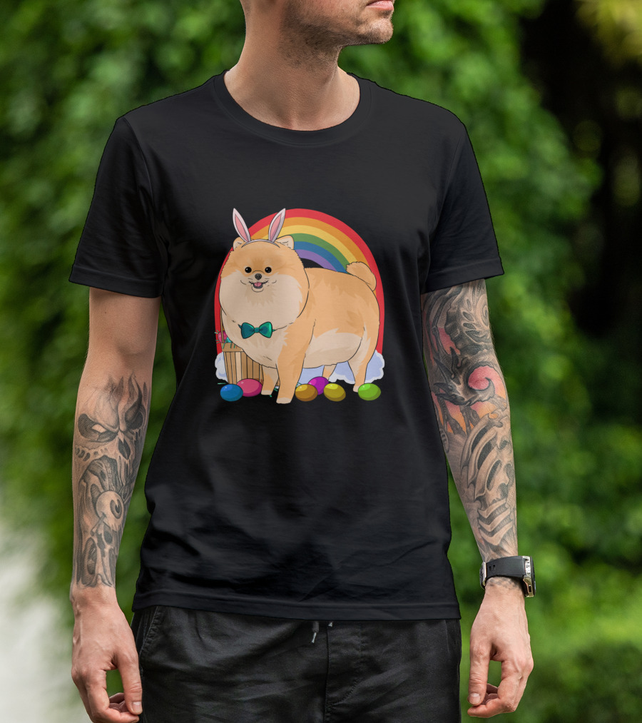 Pomeranian Bunny Ears Happy Easter Day With Rainbow And Eggs T-Shirt