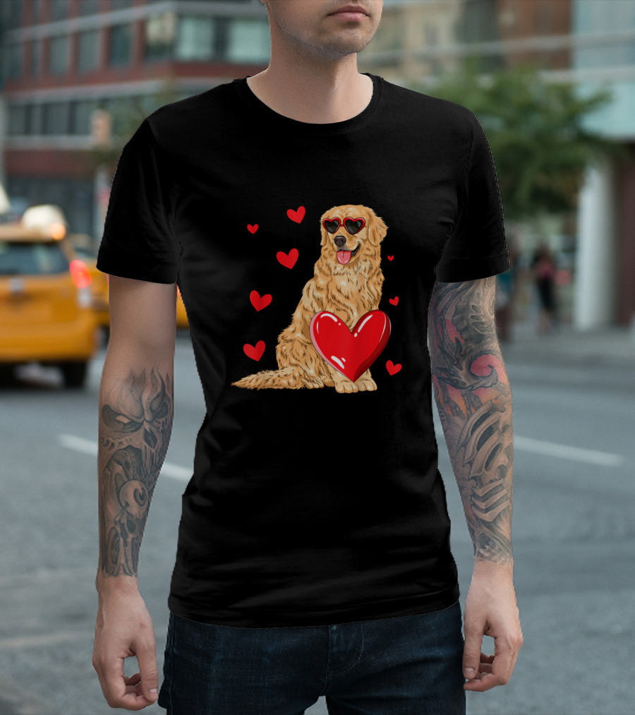 Golden Retriever Valentine Heart Celebration with Funny Love Hearts T-Shirt