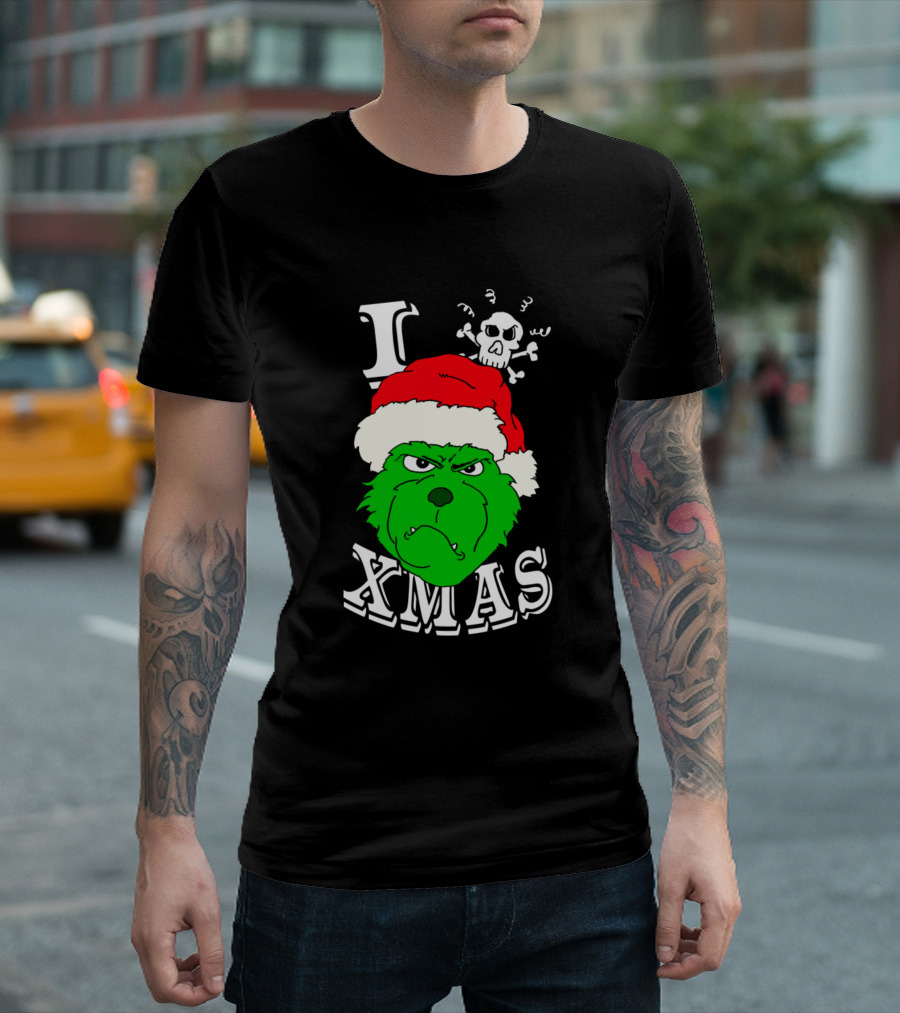 I Hate Xmas Grinch with Santa Hat and Skull T-Shirt