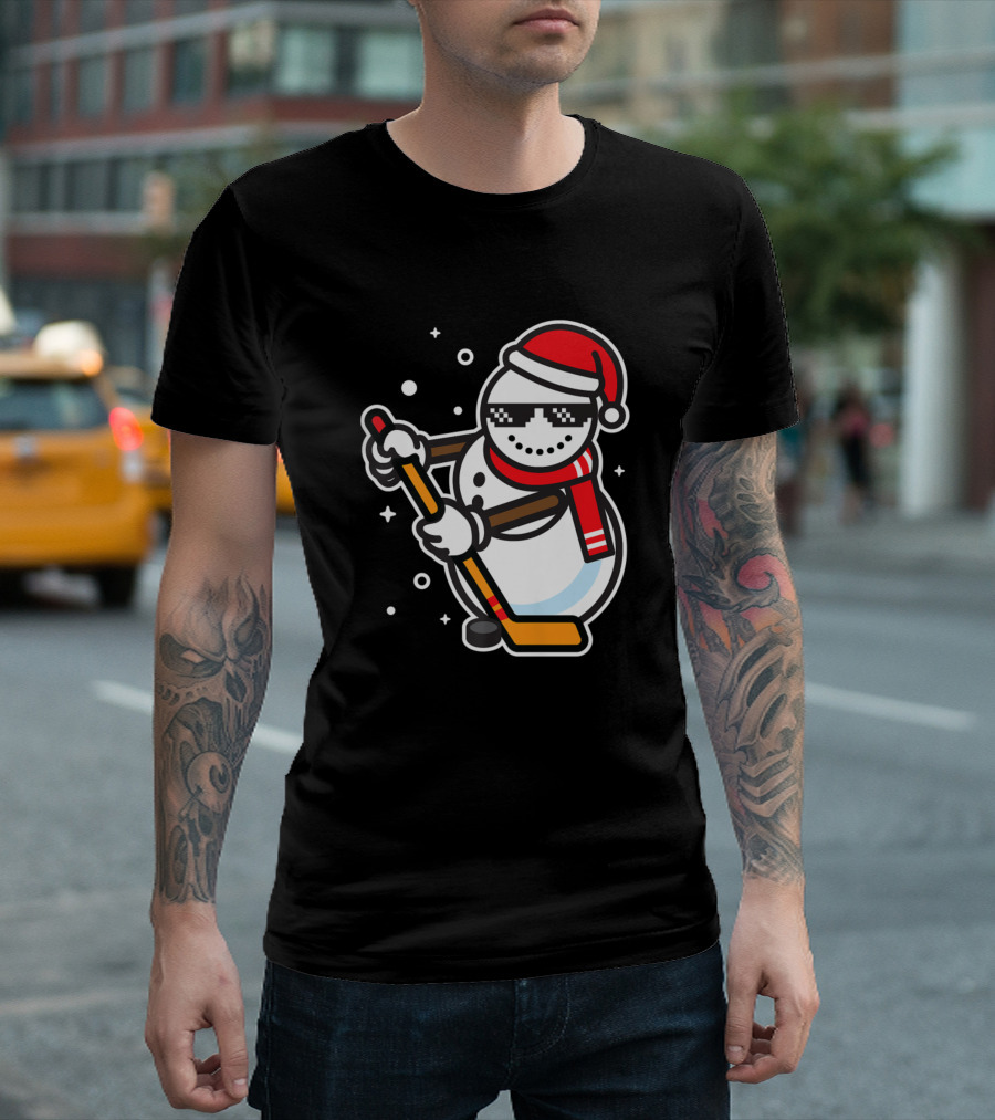 Ice Hockey Player Cool Snowman Funny Boy With Santa Hat T-Shirt