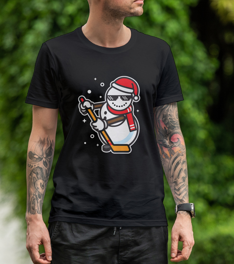 Ice Hockey Player Cool Snowman Funny Boy With Santa Hat T-Shirt