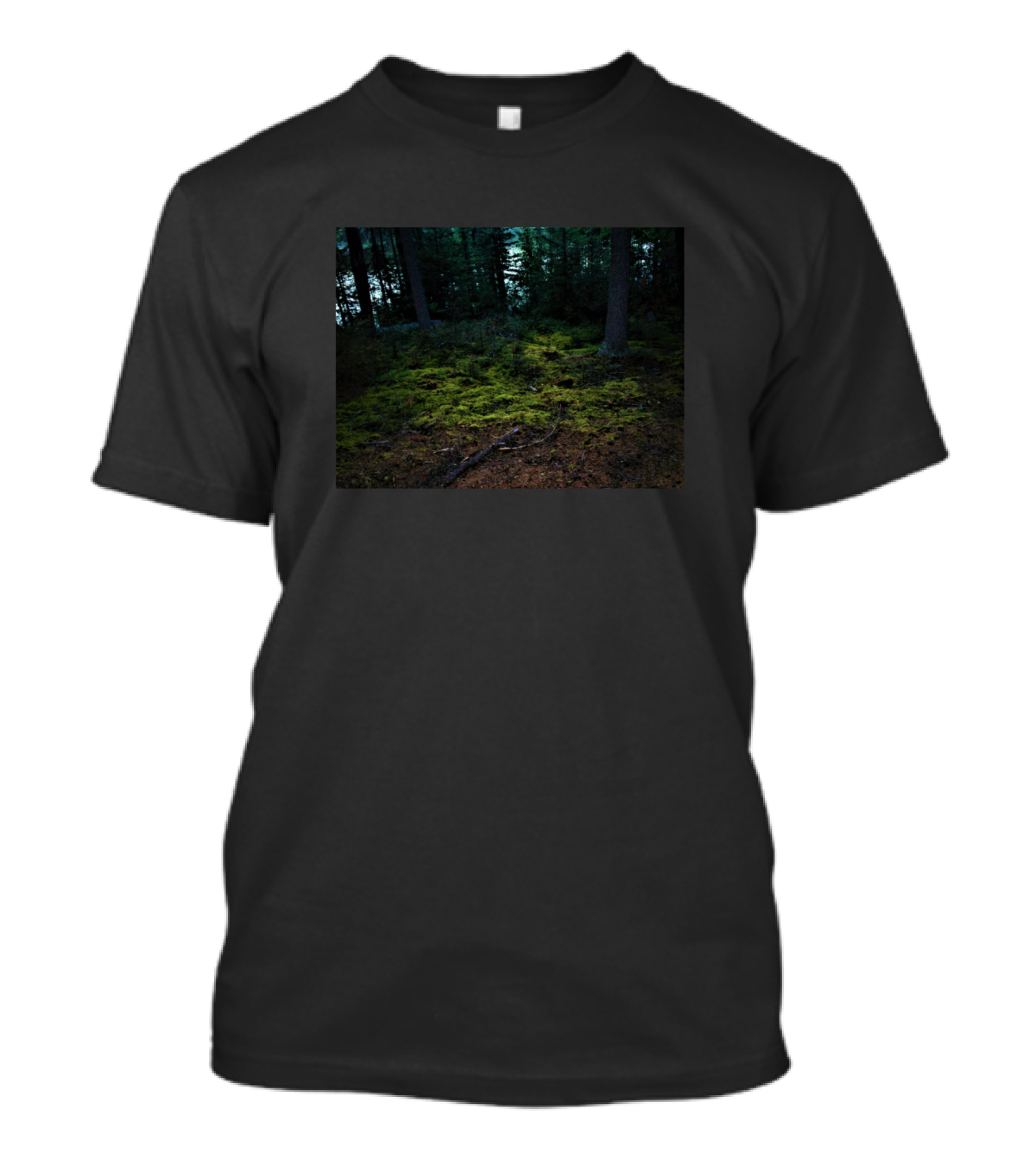 In The Dark Forest Mossy Woodland Evening Scene T-Shirt