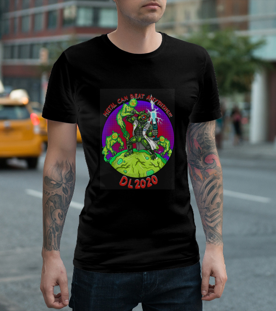 Metal Can Beat Anything DL2020 Alien Creature with Electric Weapon and Green Monsters T-Shirt