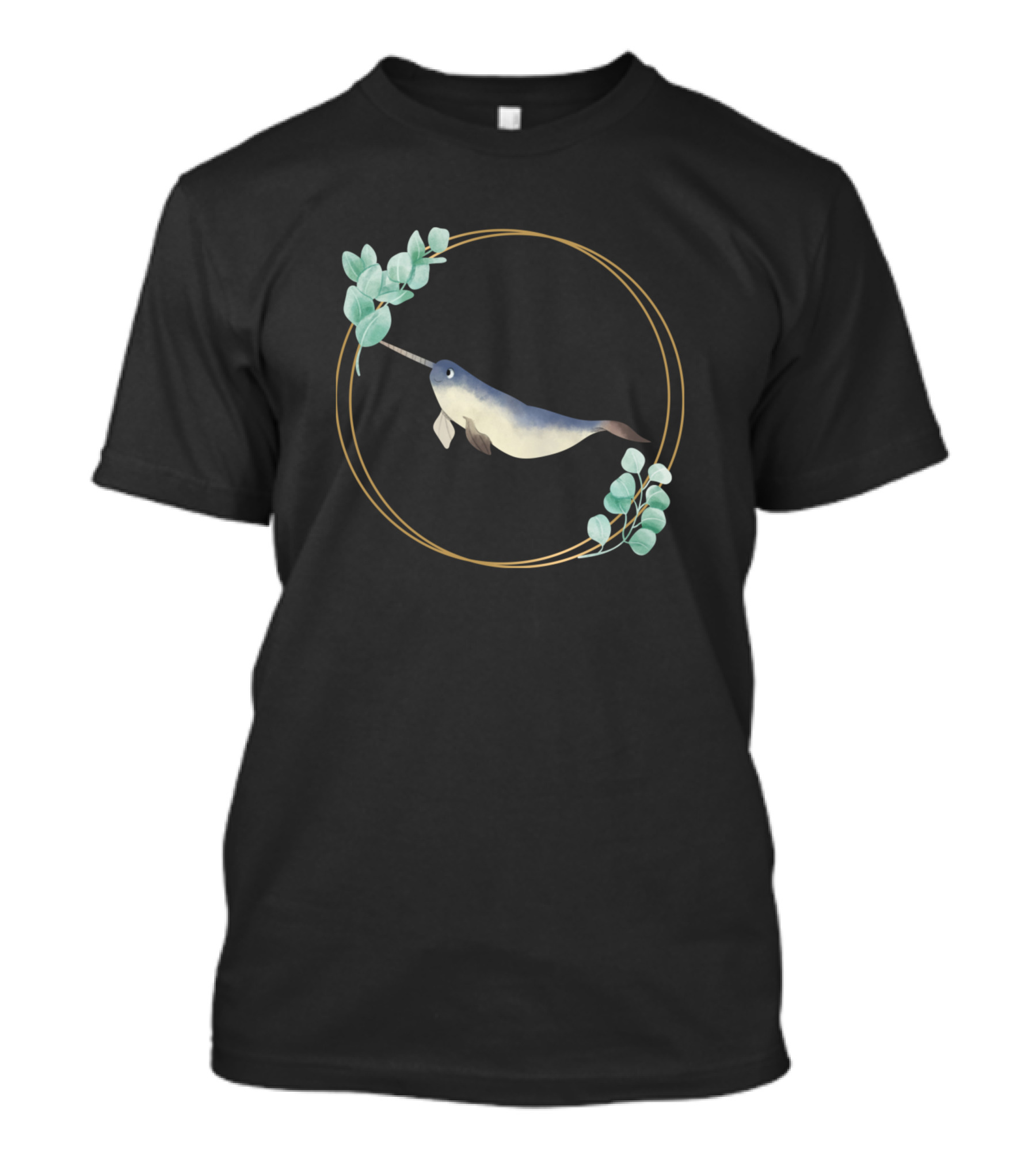 Narwhal Like A Unicorn With Golden Circle And Green Leaves T-Shirt