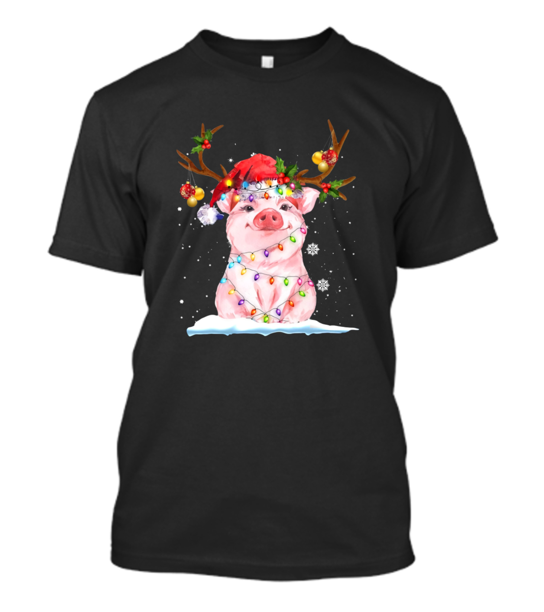 Festive Pig Reindeer With Santa Hat And Christmas Lights T-Shirt