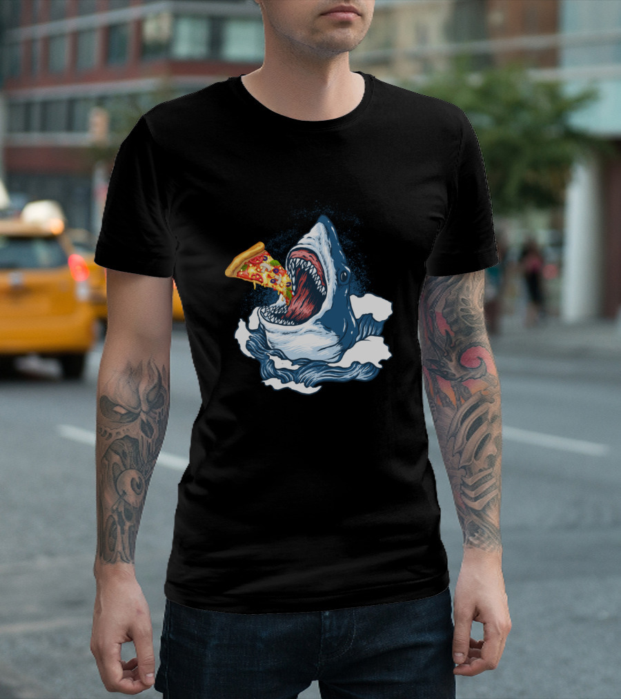 Shark Devouring Cheesy Pepperoni Pizza Slice T-Shirt