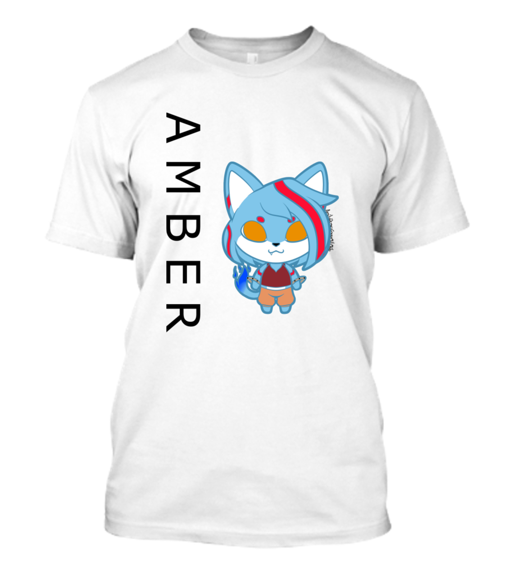 AMBER Cute Blue Cat Character With Red Stripes And Orange Eyes T-Shirt