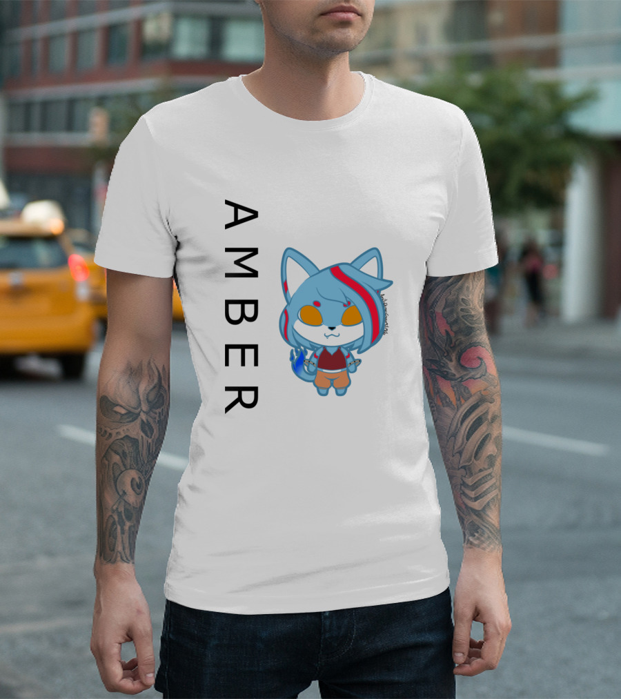 AMBER Cute Blue Cat Character With Red Stripes And Orange Eyes T-Shirt