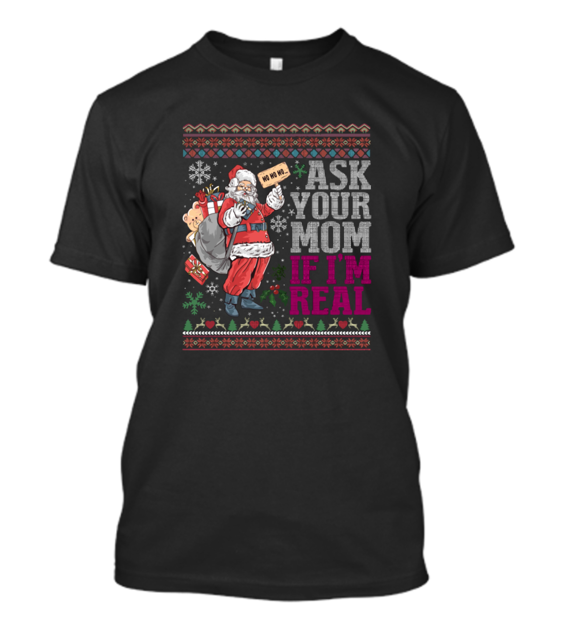 Ask Your Mom If I'm Real Ho Ho Ho Ugly Christmas Sweaters Santa Claus T-Shirt