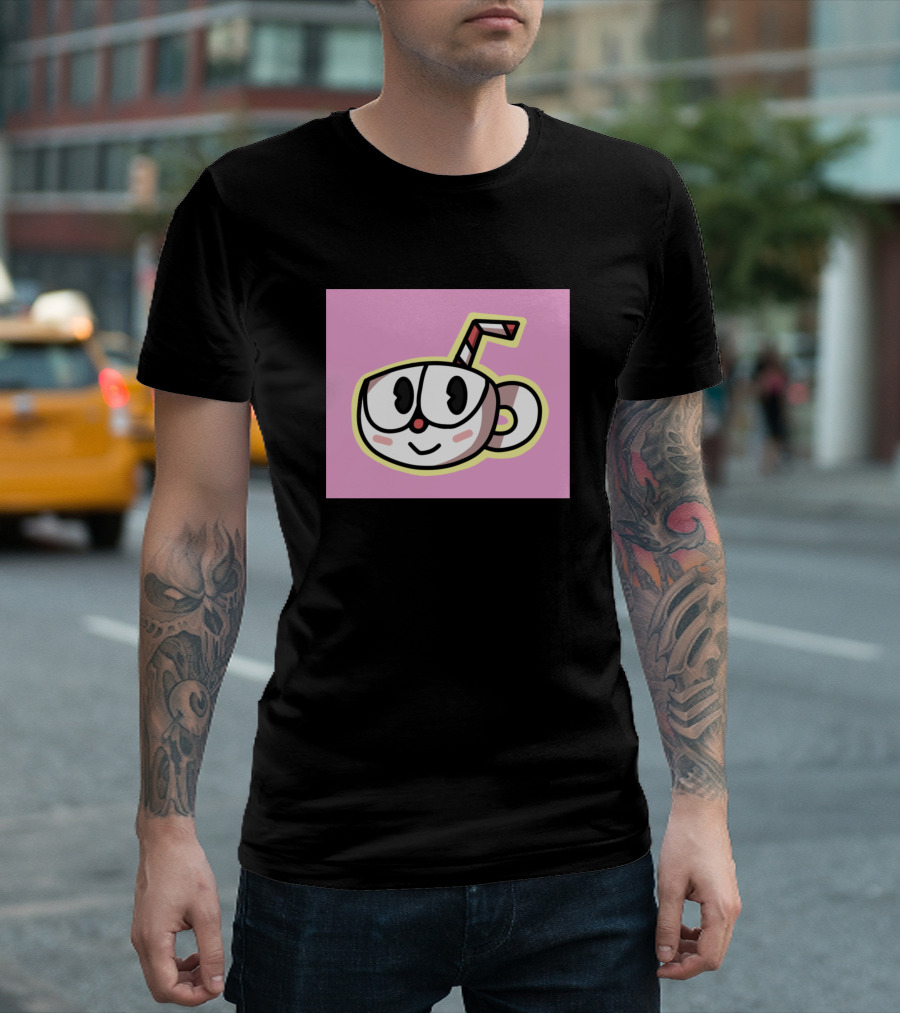 Chibi Cuphead Character With Straw And Purple Background T-Shirt