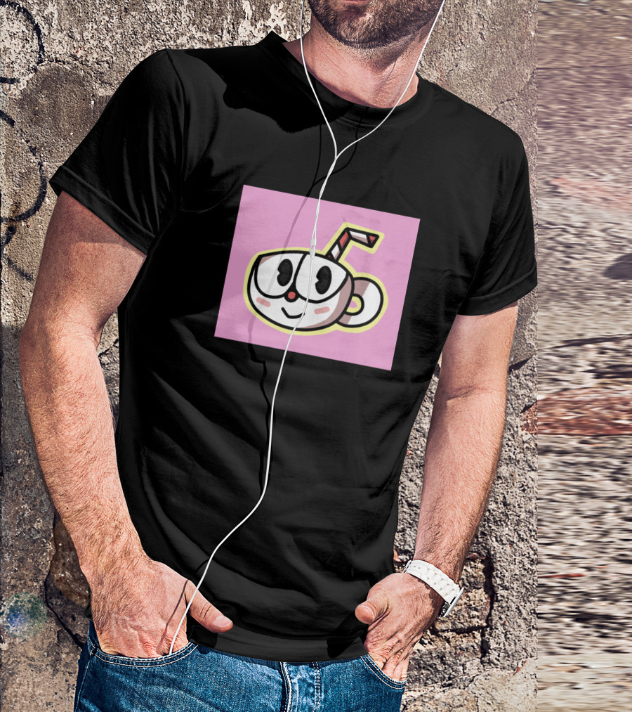 Chibi Cuphead Character With Straw And Purple Background T-Shirt