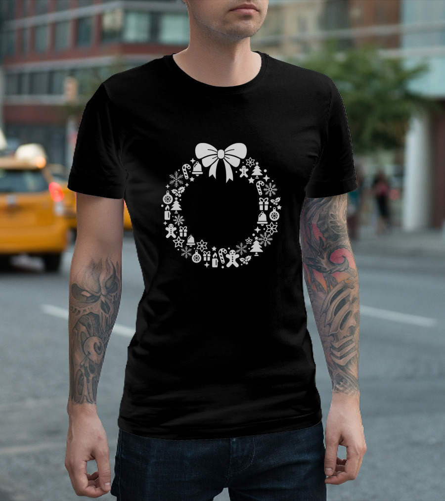 Christmas Wreath Gingerbread Bells Snowflakes Trees Candy Canes Bow T-Shirt