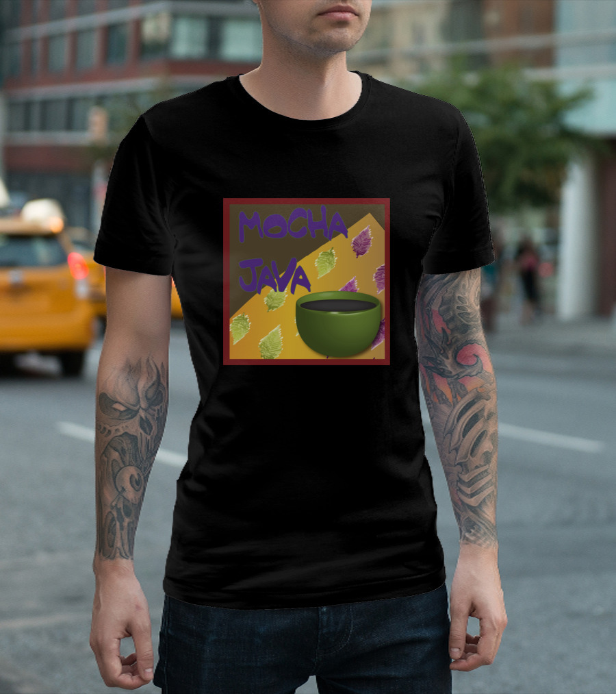 Mocha Java Coffee Collection Green Cup Brown Background T-Shirt