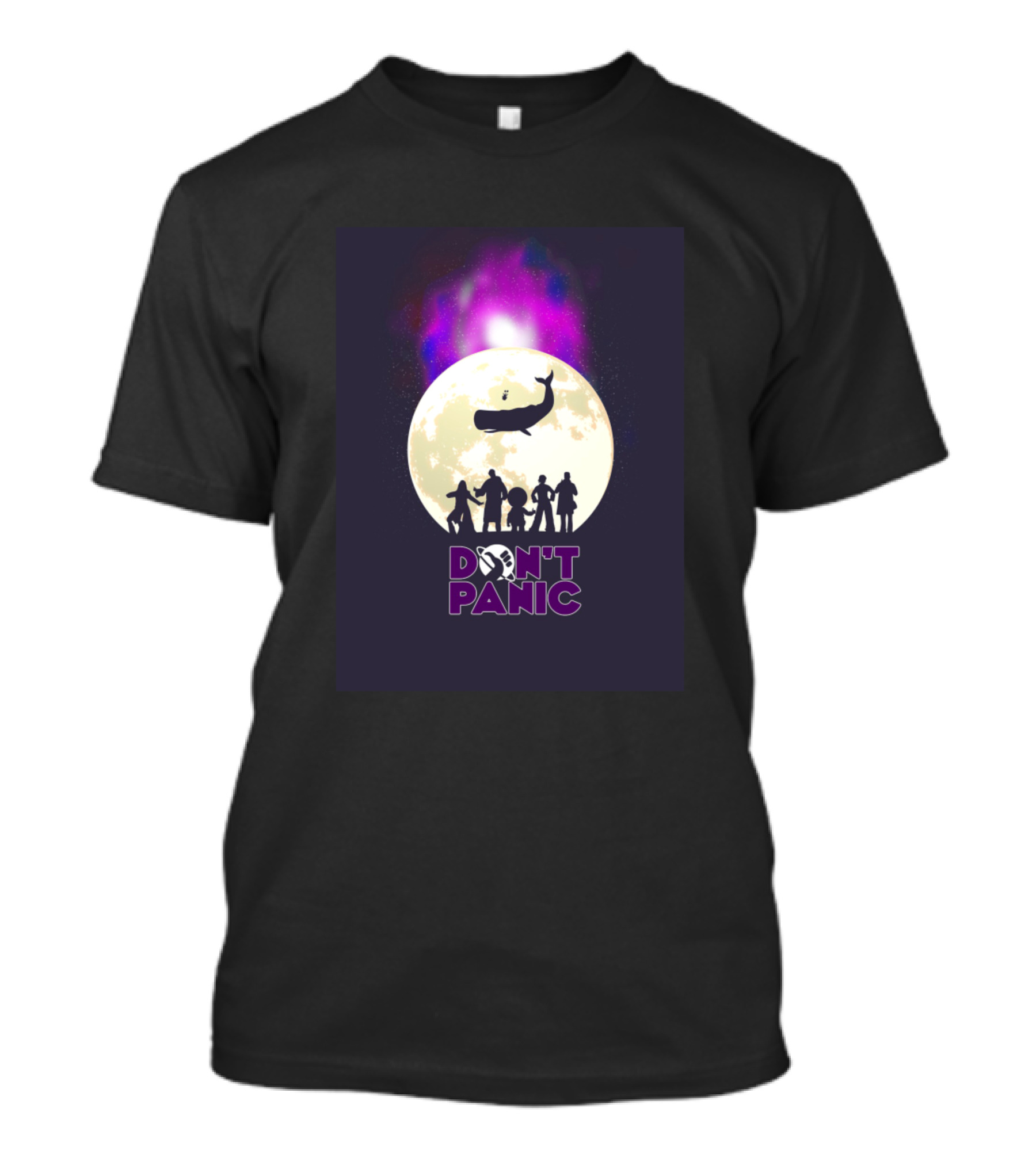 DON'T PANIC Hitchhiker's Guide Galaxy Inspired Moon Silhouette Whale T-Shirt