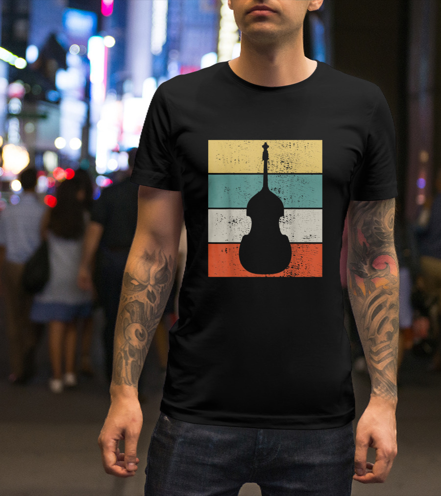Retro Double Bass Silhouette Music Teacher Vintage Stripes T-Shirt