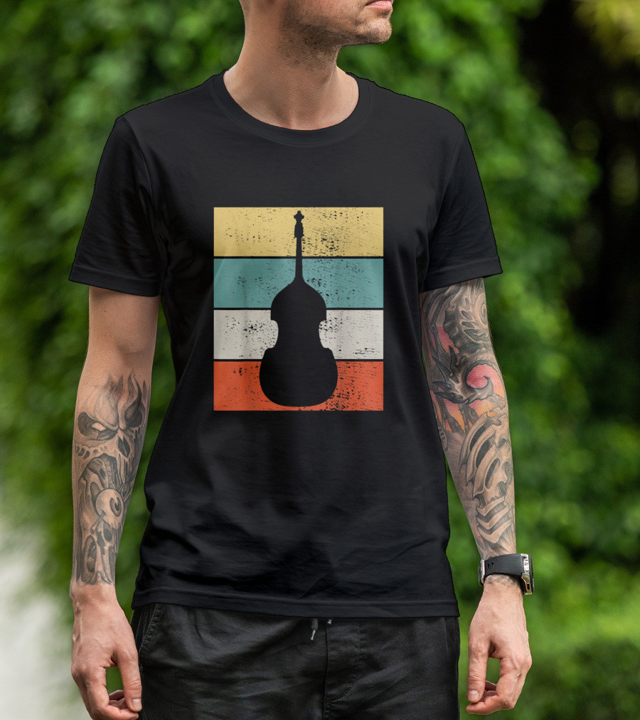 Retro Double Bass Silhouette Music Teacher Vintage Stripes T-Shirt