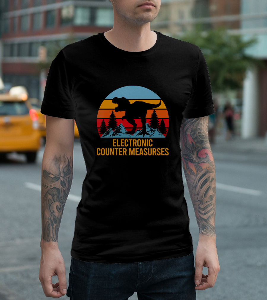 Electronic Counter Measures Dinosaur Silhouette Vintage Sunset Science Fiction T-Shirt