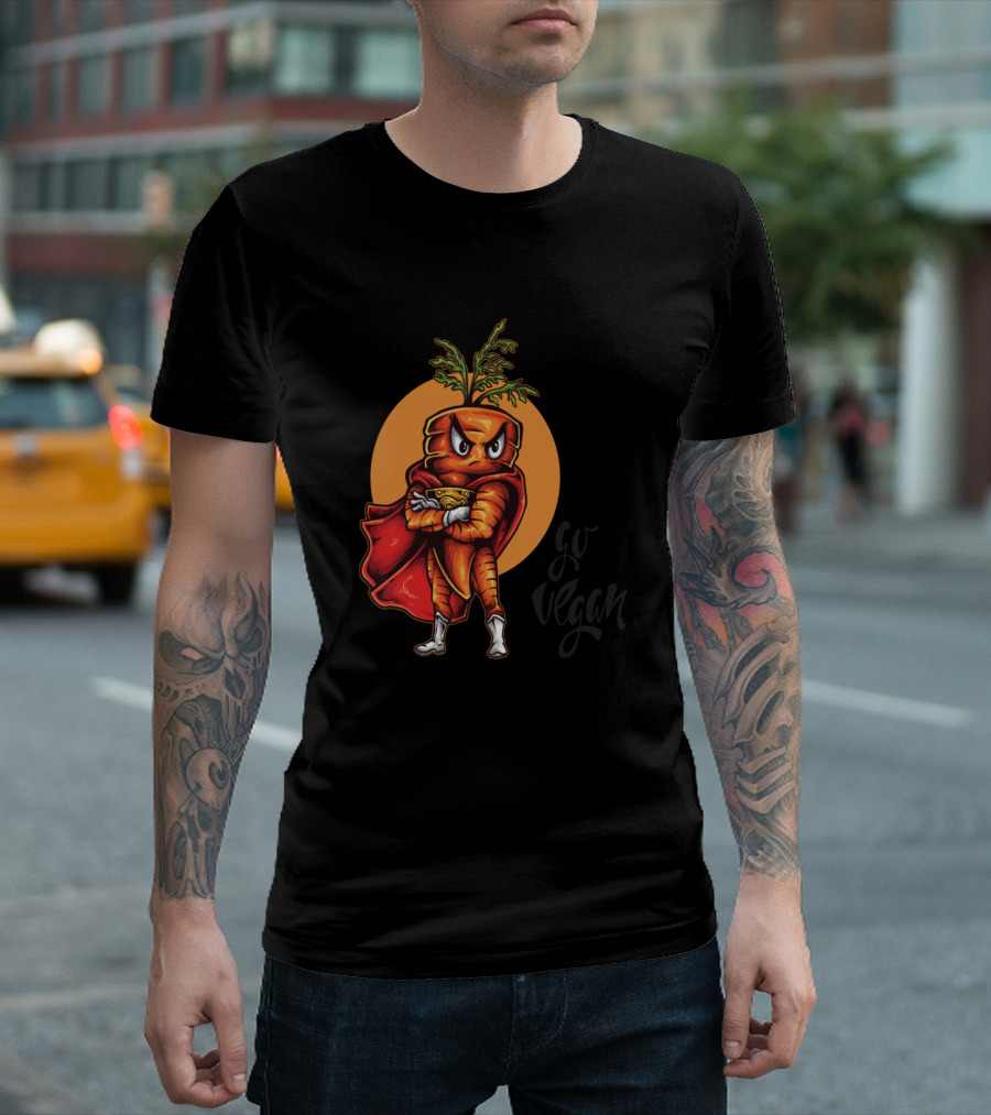 Go Vegan Superhero Carrot With Cape And Orange Background T-Shirt